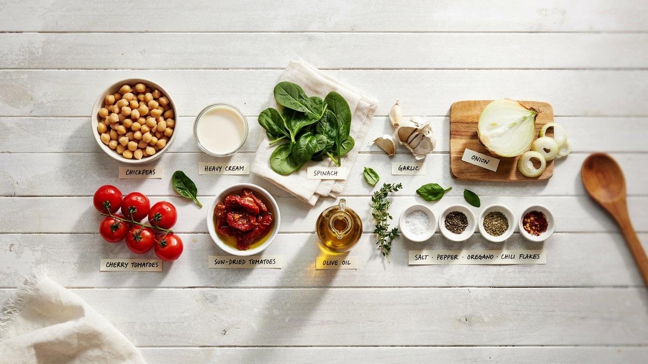 Ingredients for creamy Tuscan chickpeas including chickpeas, cream, spinach, garlic, tomatoes, olive oil, and seasonings.