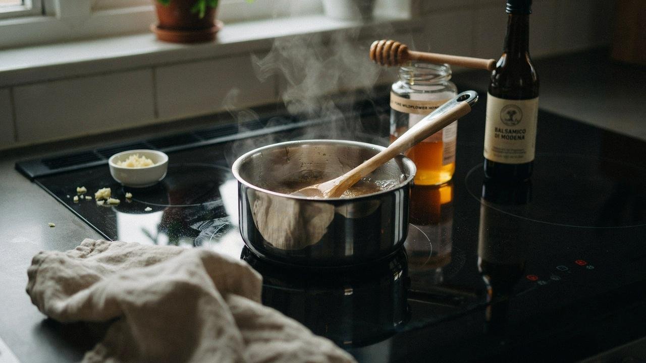 Honey, balsamic vinegar, and garlic simmering in a saucepan to create a glossy homemade glaze.