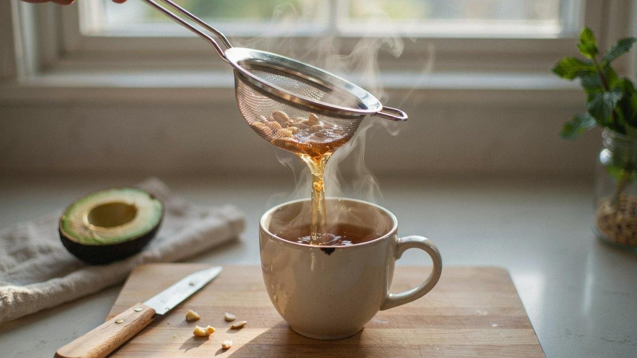 Freshly brewed avocado seed tea being strained into a mug through a fine mesh strainer.
