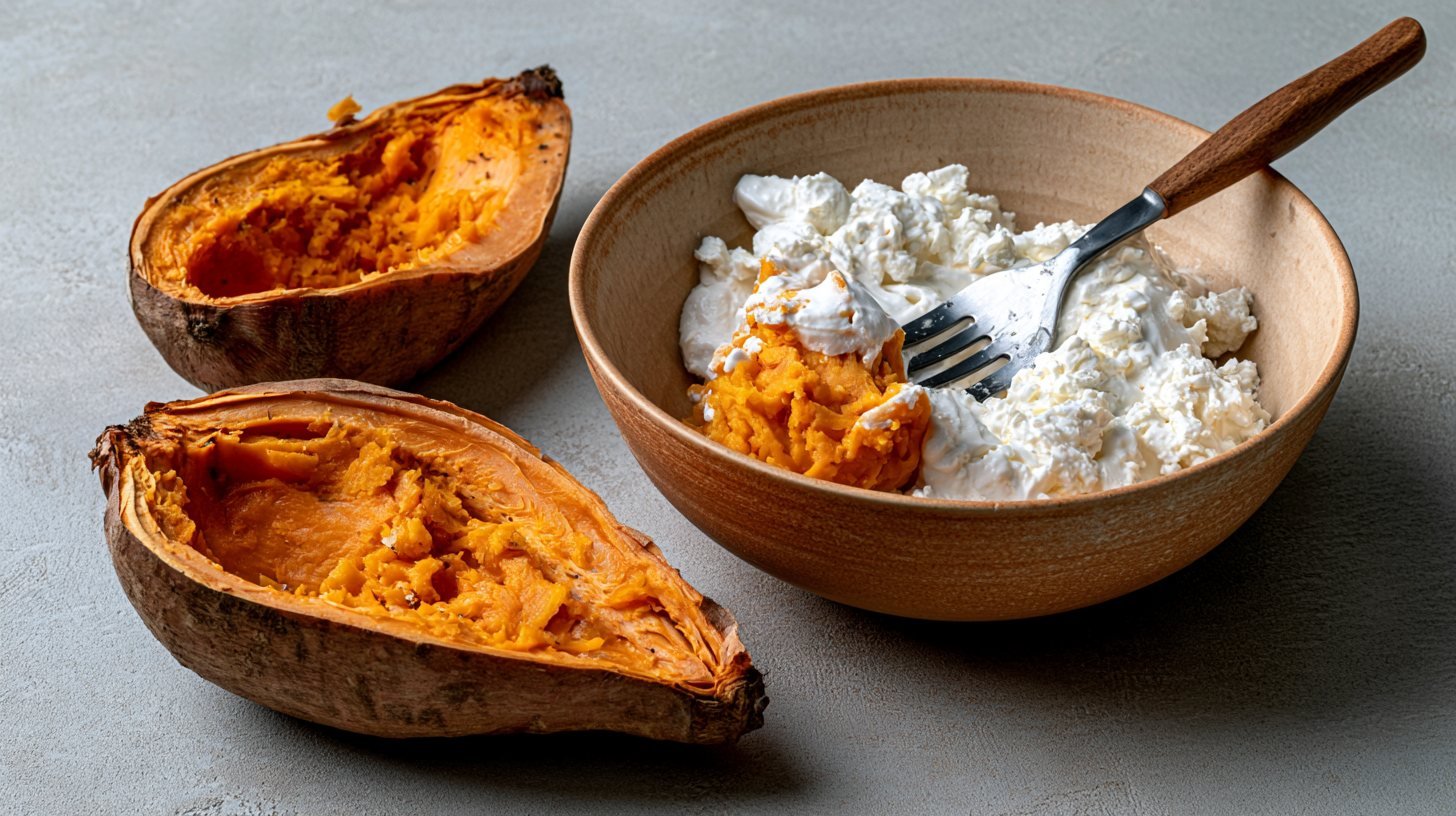 Scooping sweet potato flesh to prepare the creamy filling.