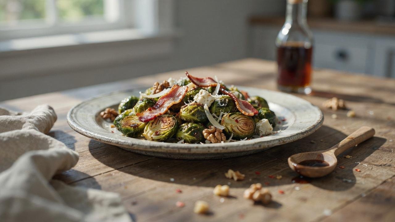 Honey balsamic Brussels sprouts customized with bacon, cheese, toasted nuts, and red pepper flakes for extra flavor and texture.