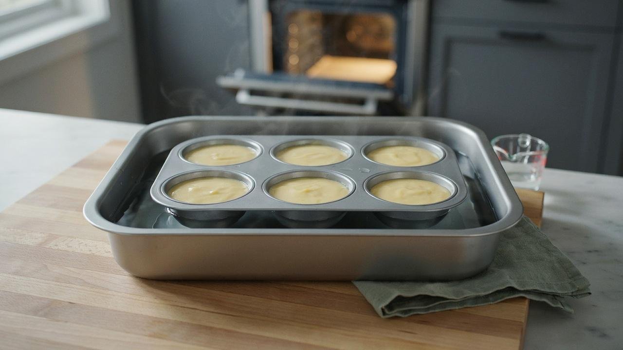 Water bath setup for baking soft and creamy spinach mushroom egg bites.