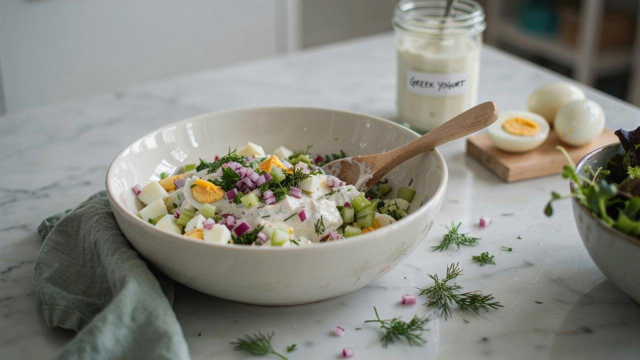 Chopped eggs gently mixed with creamy dressing, celery, onion, and herbs for high protein egg salad.