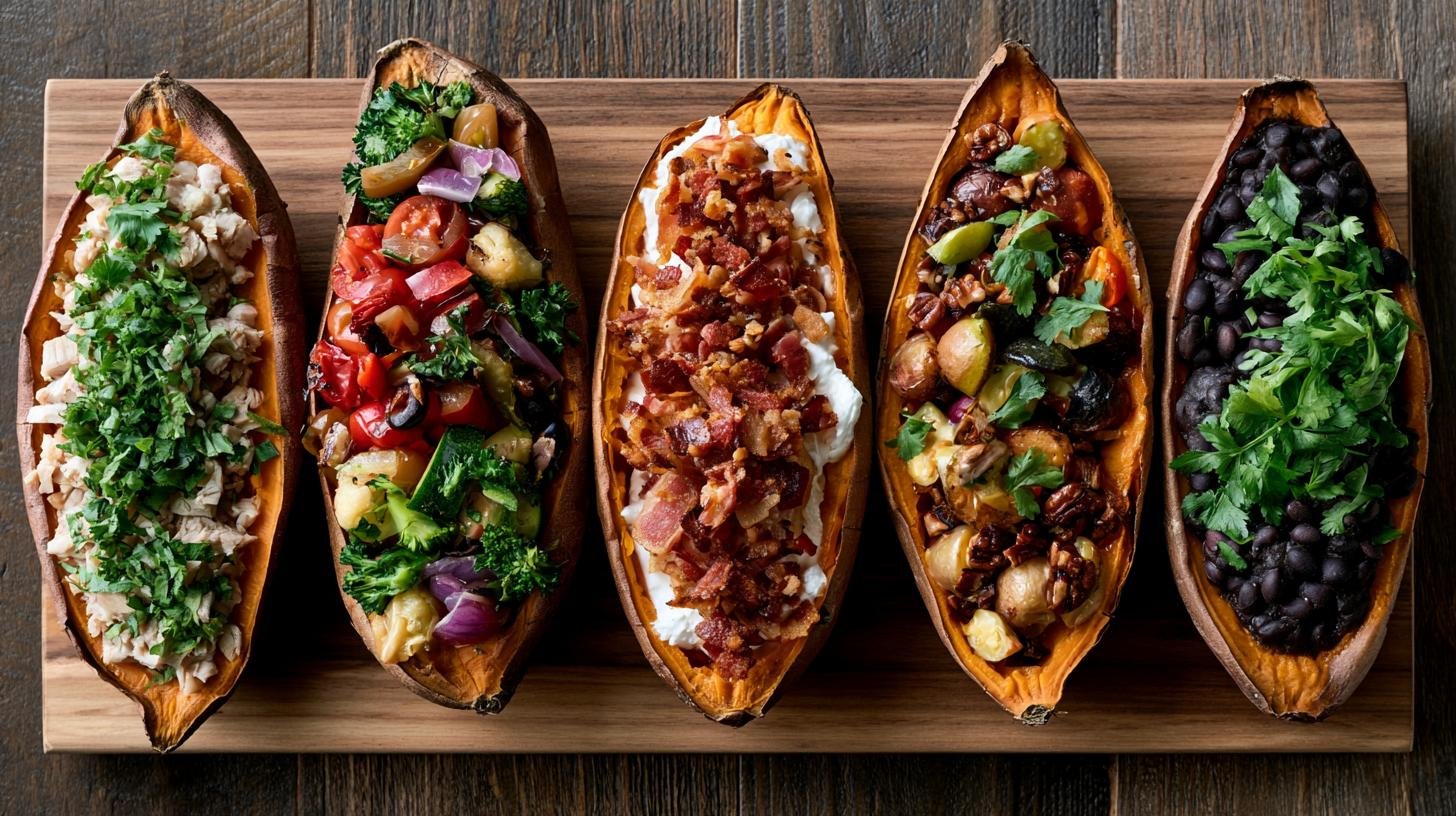 Different sweet potato boat recipe variations served together.