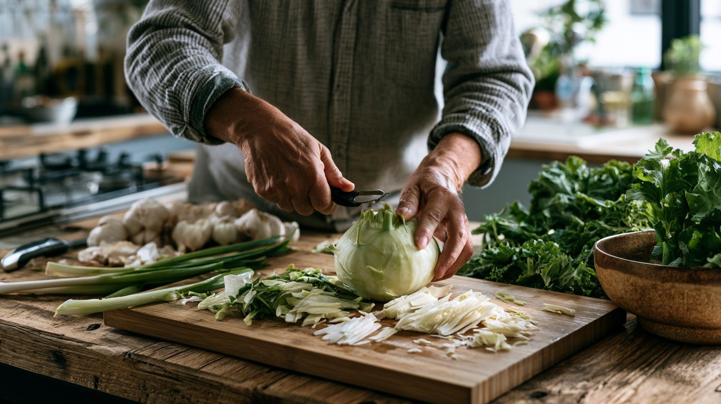 Peeling and slicing fresh kohlrabi for cooking.