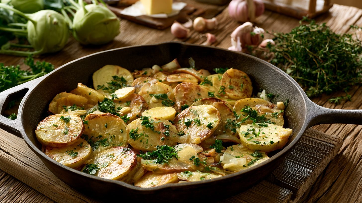 Golden sauteed kohlrabi with garlic, butter, and parsley in a cast iron skillet.
