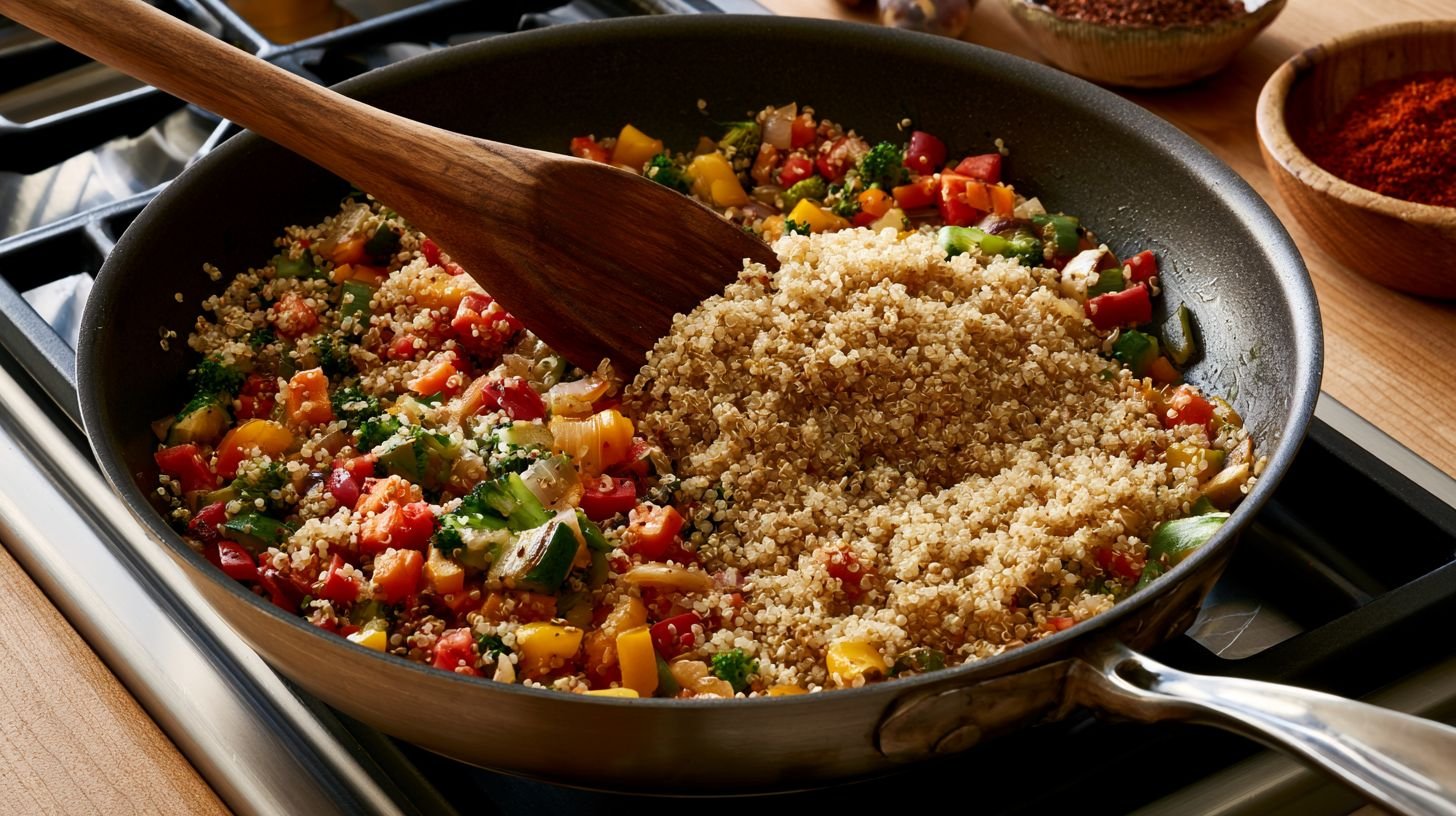 Toasting quinoa before cooking.