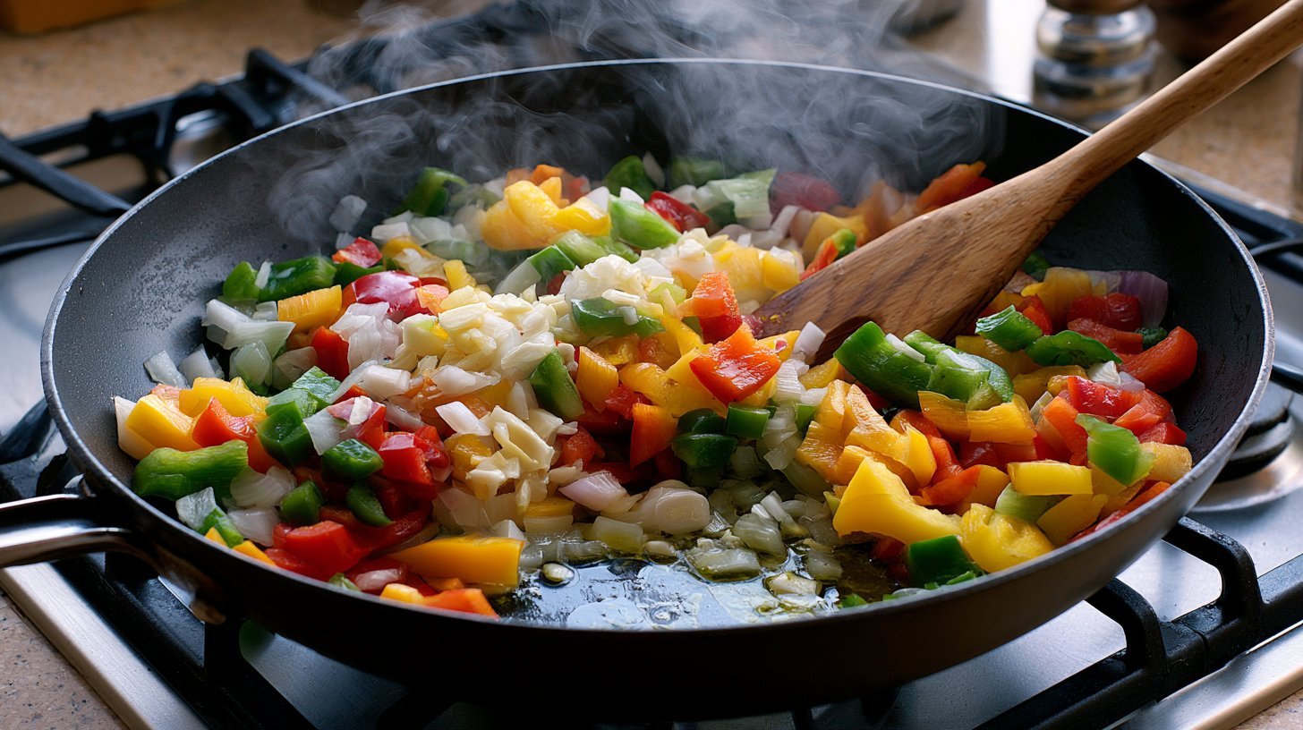 Sautéing onions, garlic, and peppers in a skillet.