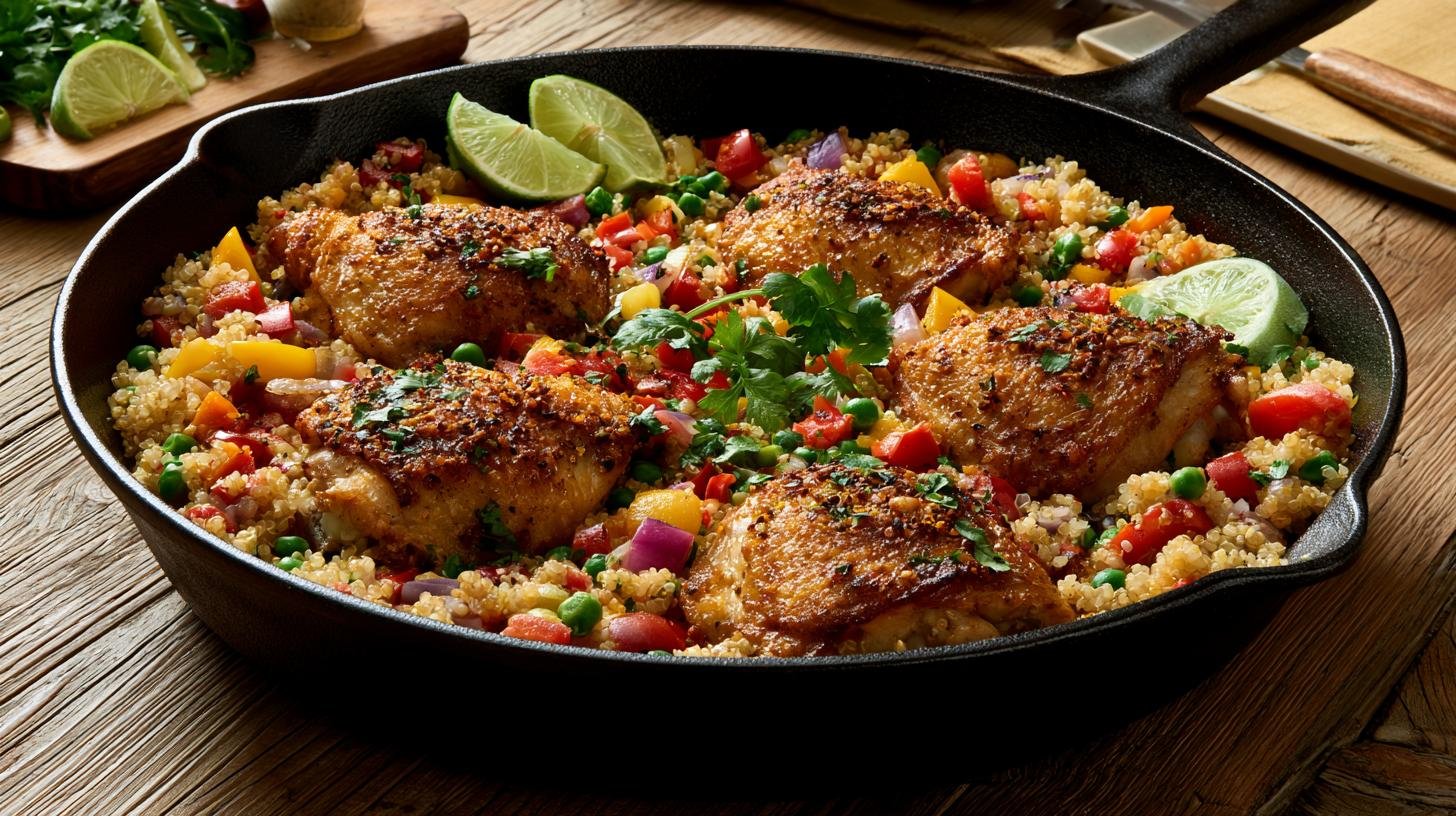 One-pot quinoa con pollo with chicken, quinoa, vegetables, and fresh cilantro.