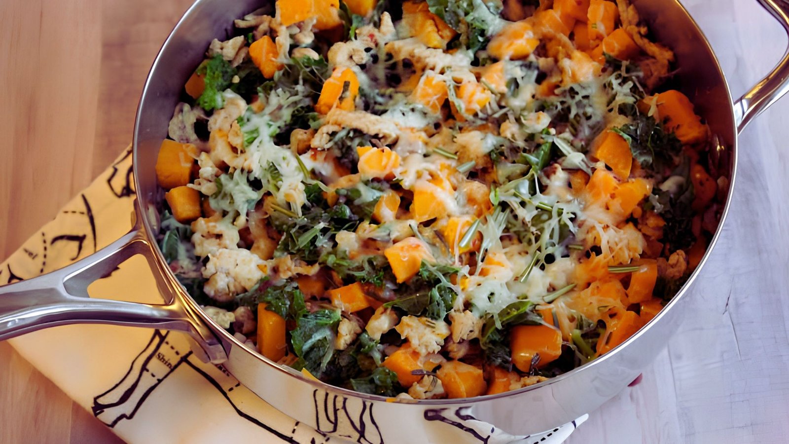 Ground turkey and kale skillet with sweet potatoes and fresh herbs.
