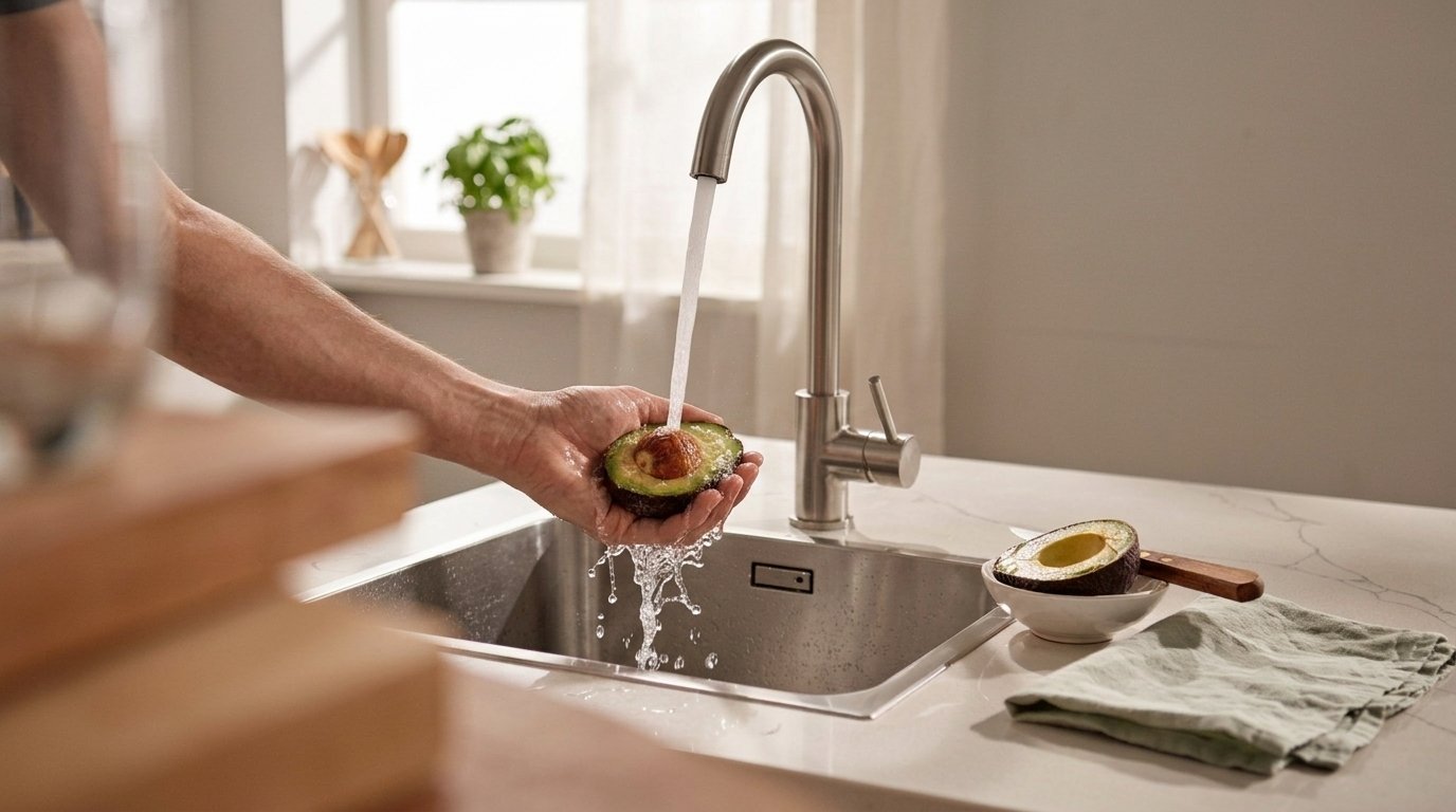 Fresh avocado seed being removed, rinsed under water, and cleaned before making homemade avocado seed tea.