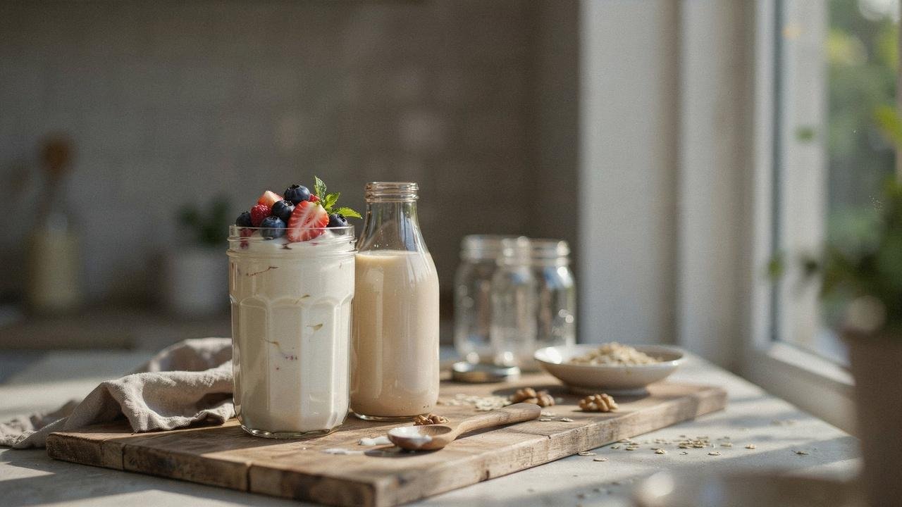 Homemade raw milk yogurt in a glass jar with fresh raw milk and rustic kitchen setting.