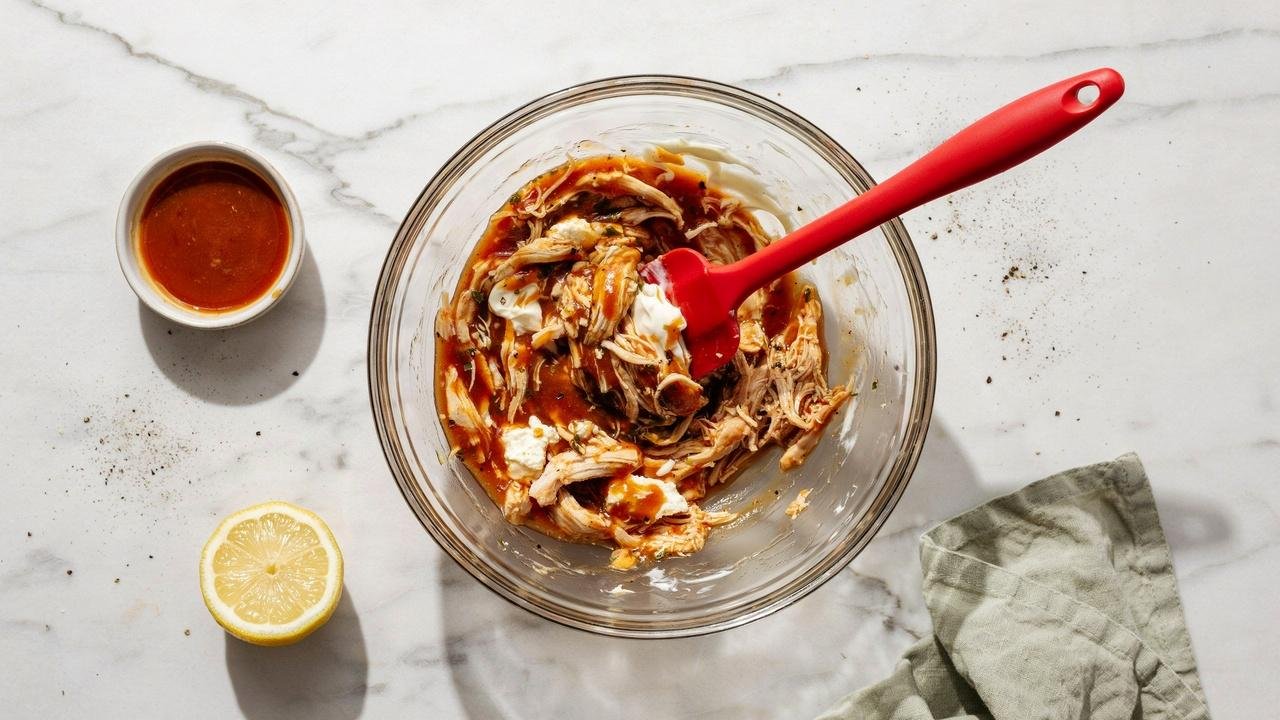 Mixing dairy free buffalo chicken dip ingredients in a large bowl.