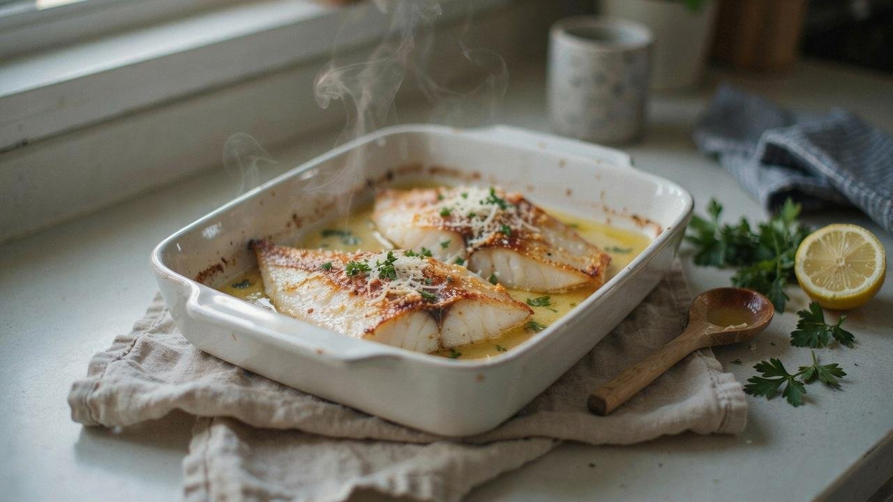 Freshly baked flounder fillets with a golden Parmesan crust.