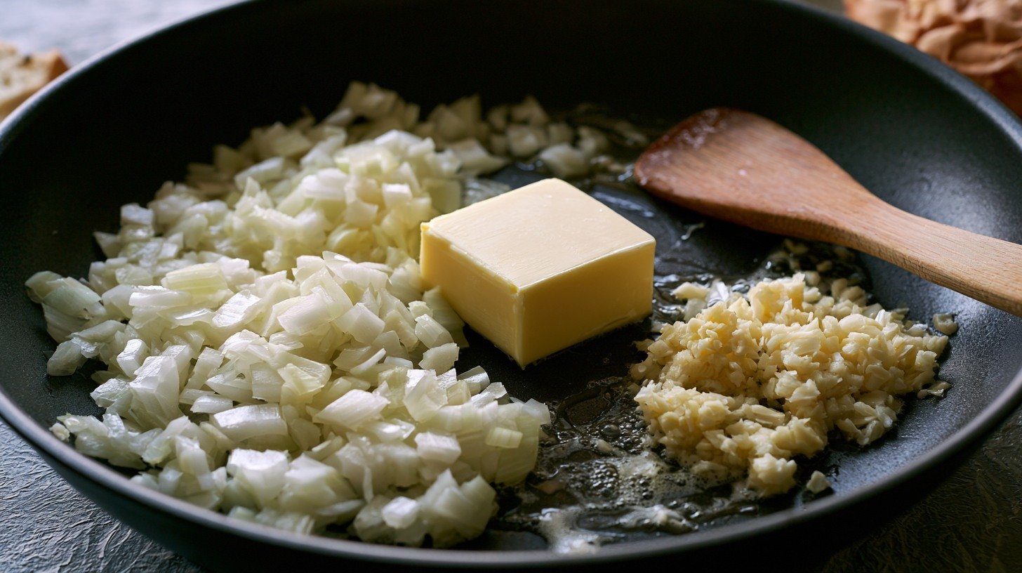 Onions and garlic sauteing in butter in a skillet.