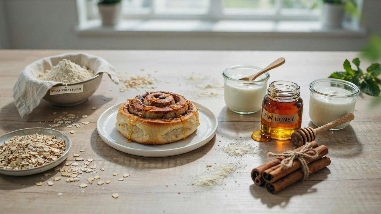 Healthy cinnamon roll made with whole wheat flour, Greek yogurt, and natural sweeteners.