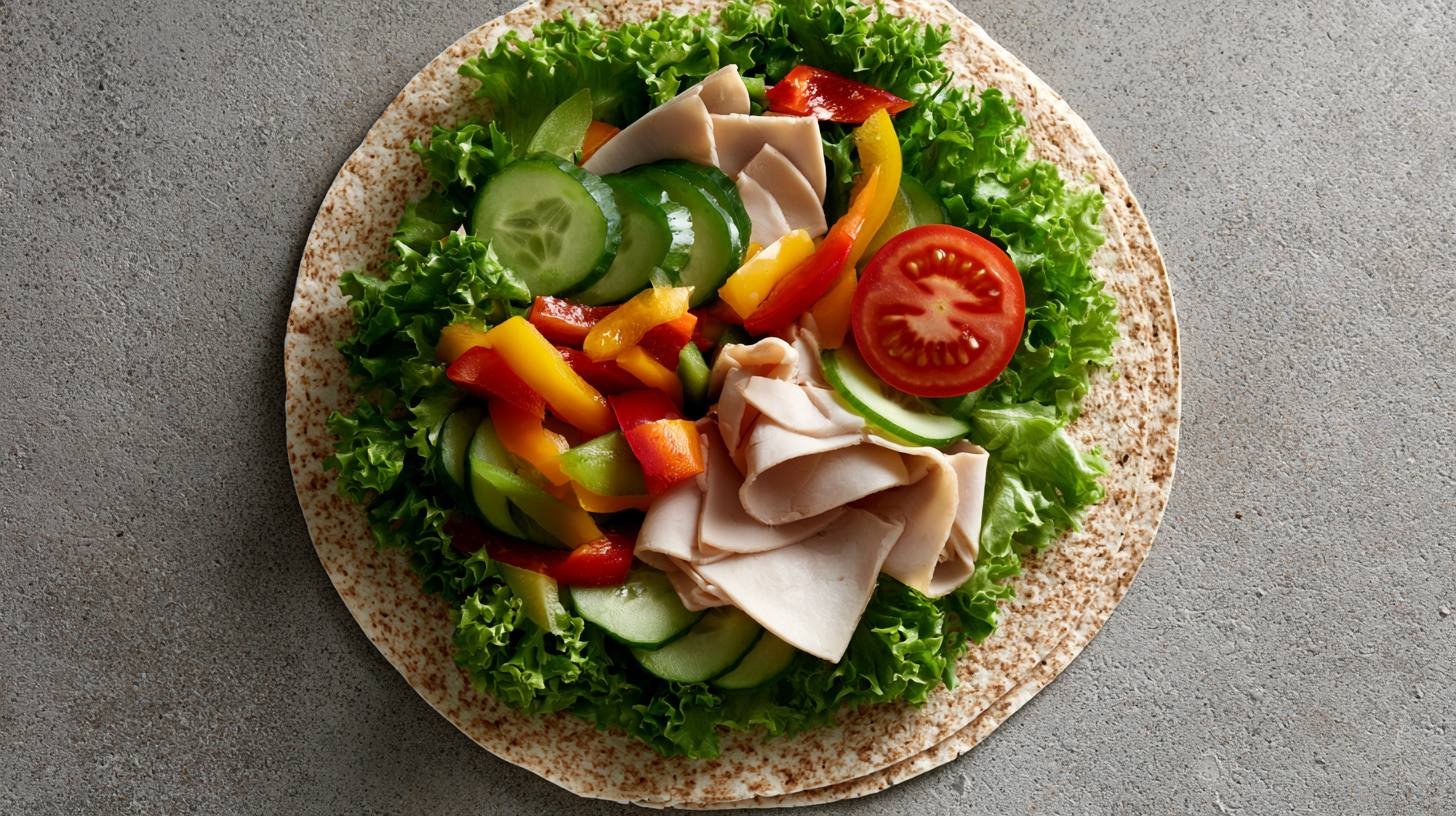Layering turkey and vegetables onto a tortilla.
