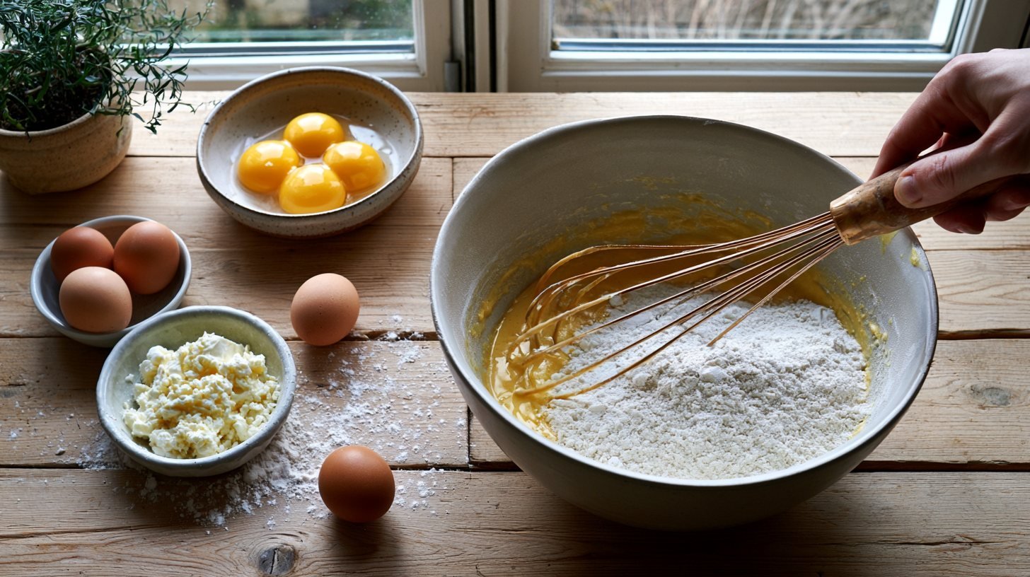 Mixing pancake batter with cottage cheese and eggs.