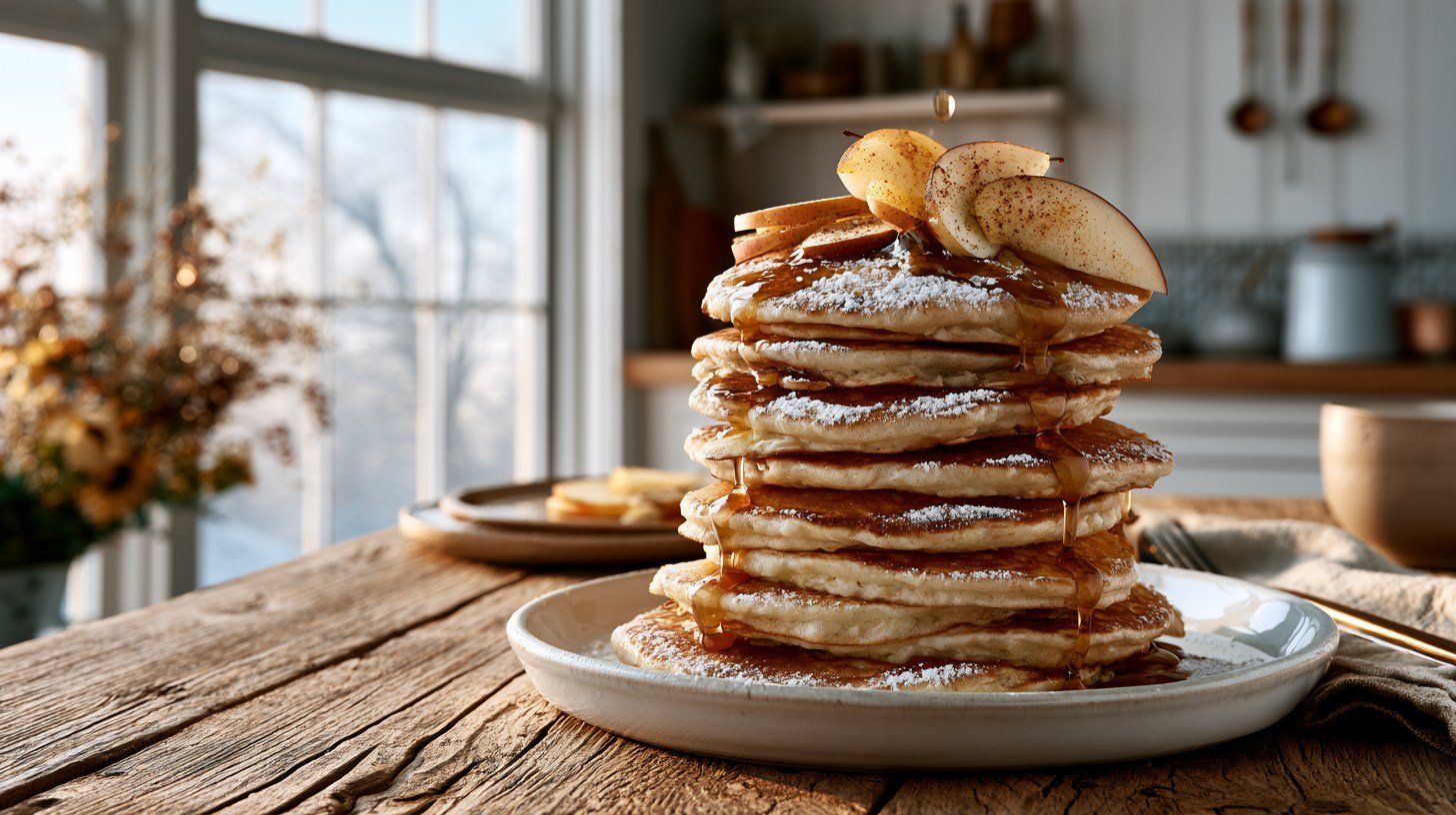 Stack of fluffy apple cottage cheese pancakes topped with maple syrup and fresh apples.
