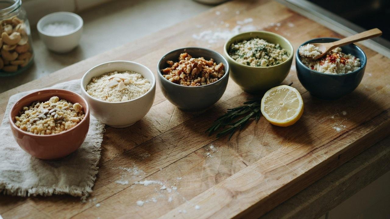 Cashew parmesan variations with sunflower seeds, herbs, almonds, walnuts, and spicy seasonings.