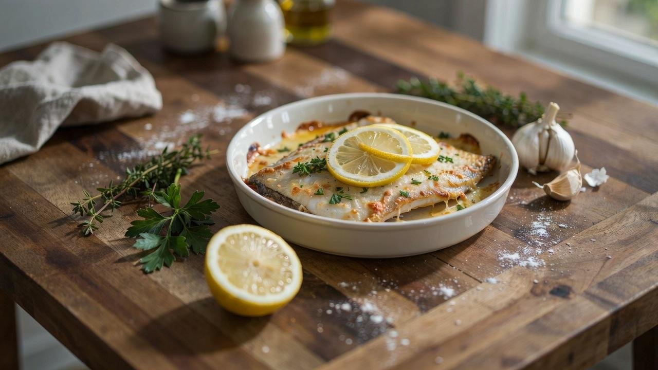 Golden baked flounder topped with Parmesan, parsley, and fresh lemon slices in a baking dish.