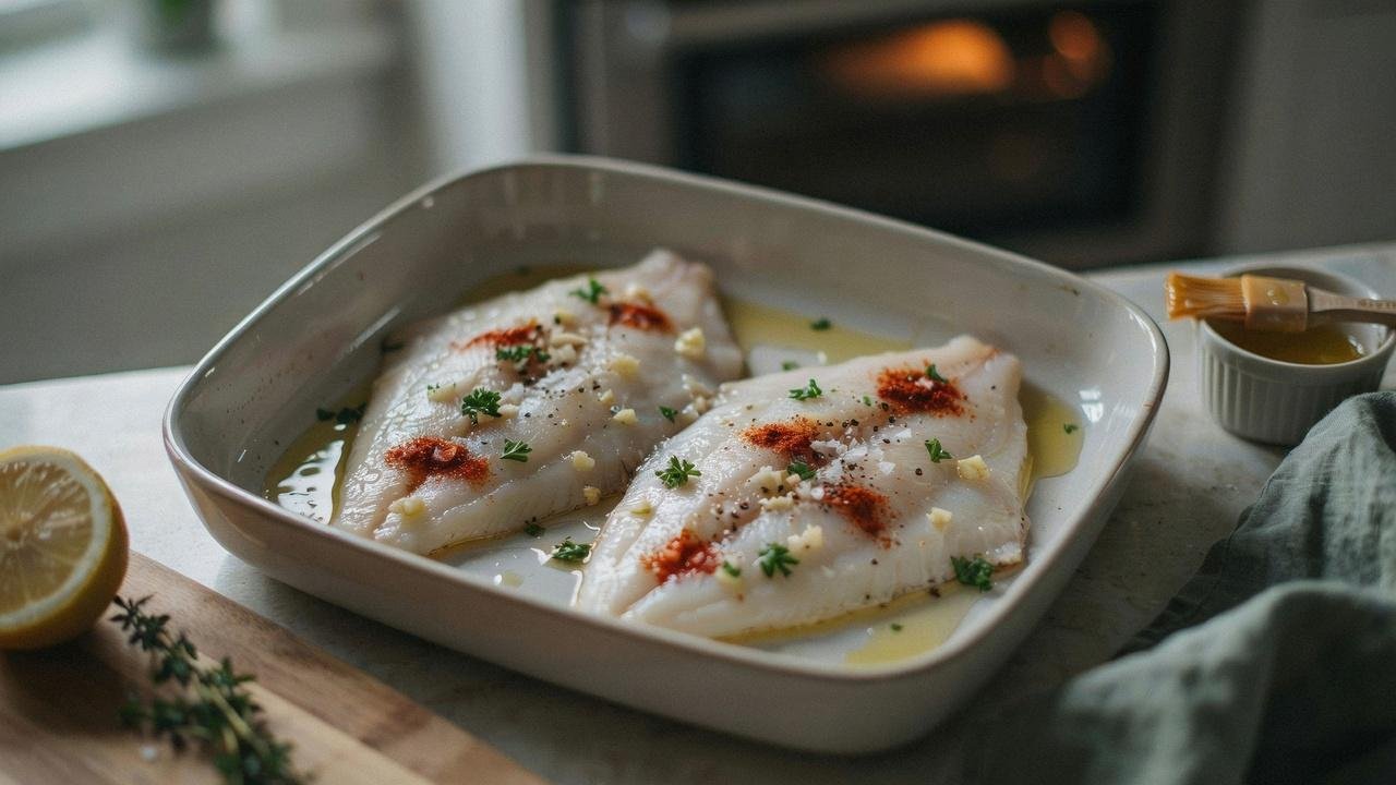 Seasoned flounder fillets coated with garlic butter before baking.