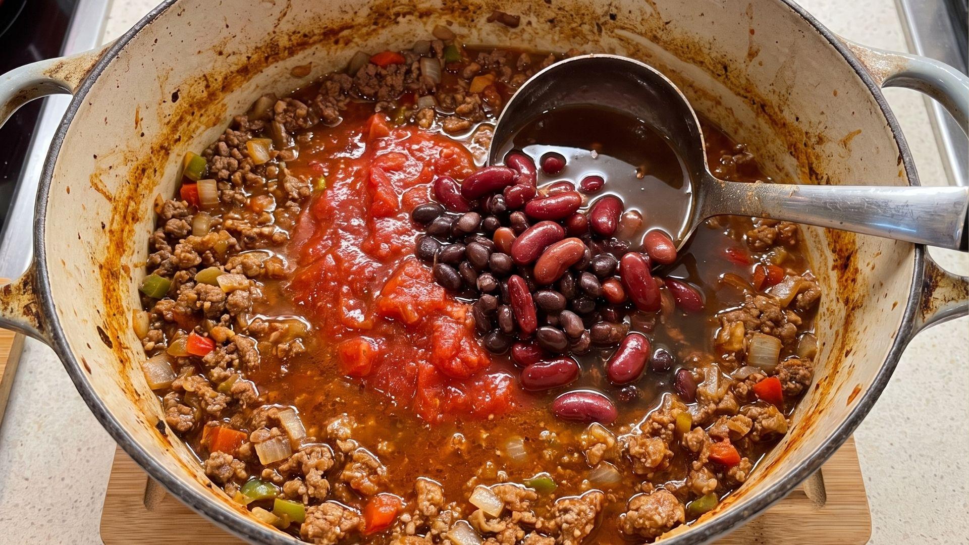 Beans, crushed tomatoes, and broth added to healthy chili
