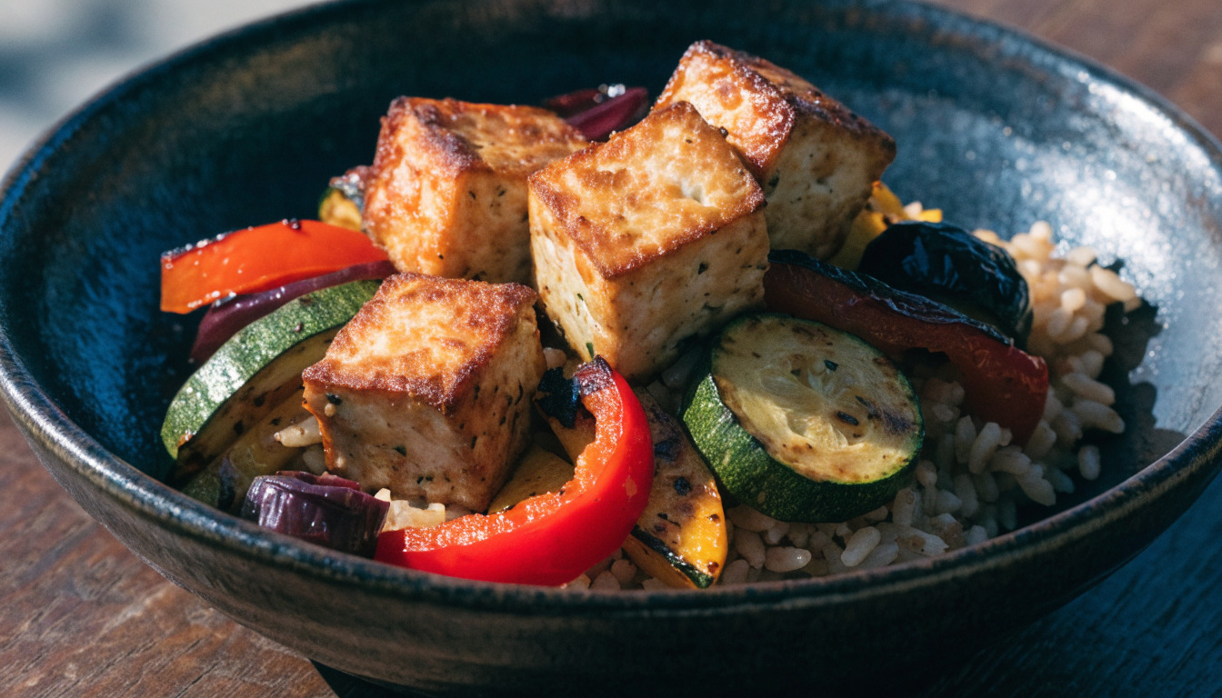 Baked tofu cubes with roasted vegetables and brown rice in a bowl
