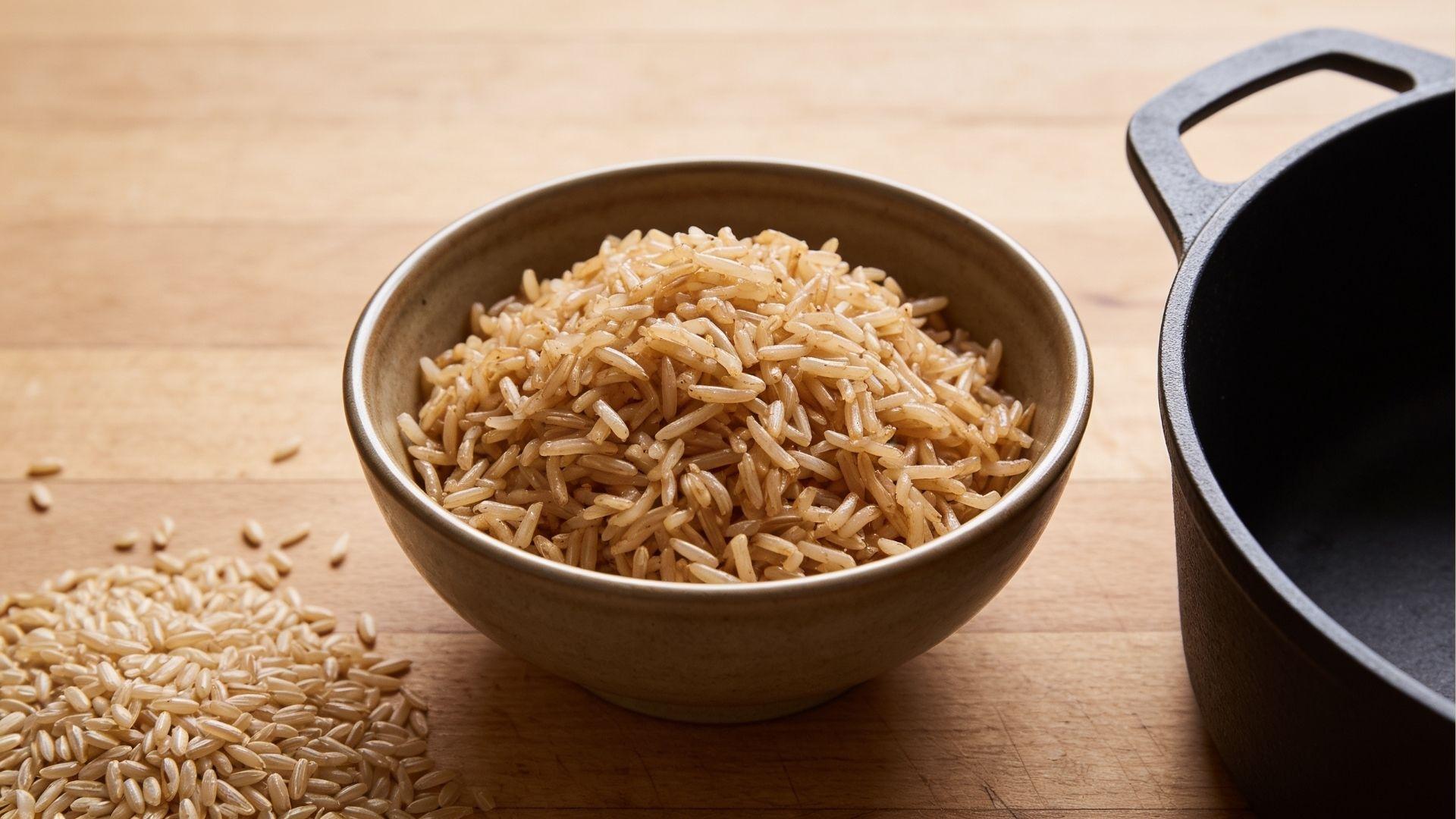 Fluffy brown basmati rice with long separate grains in a bowl