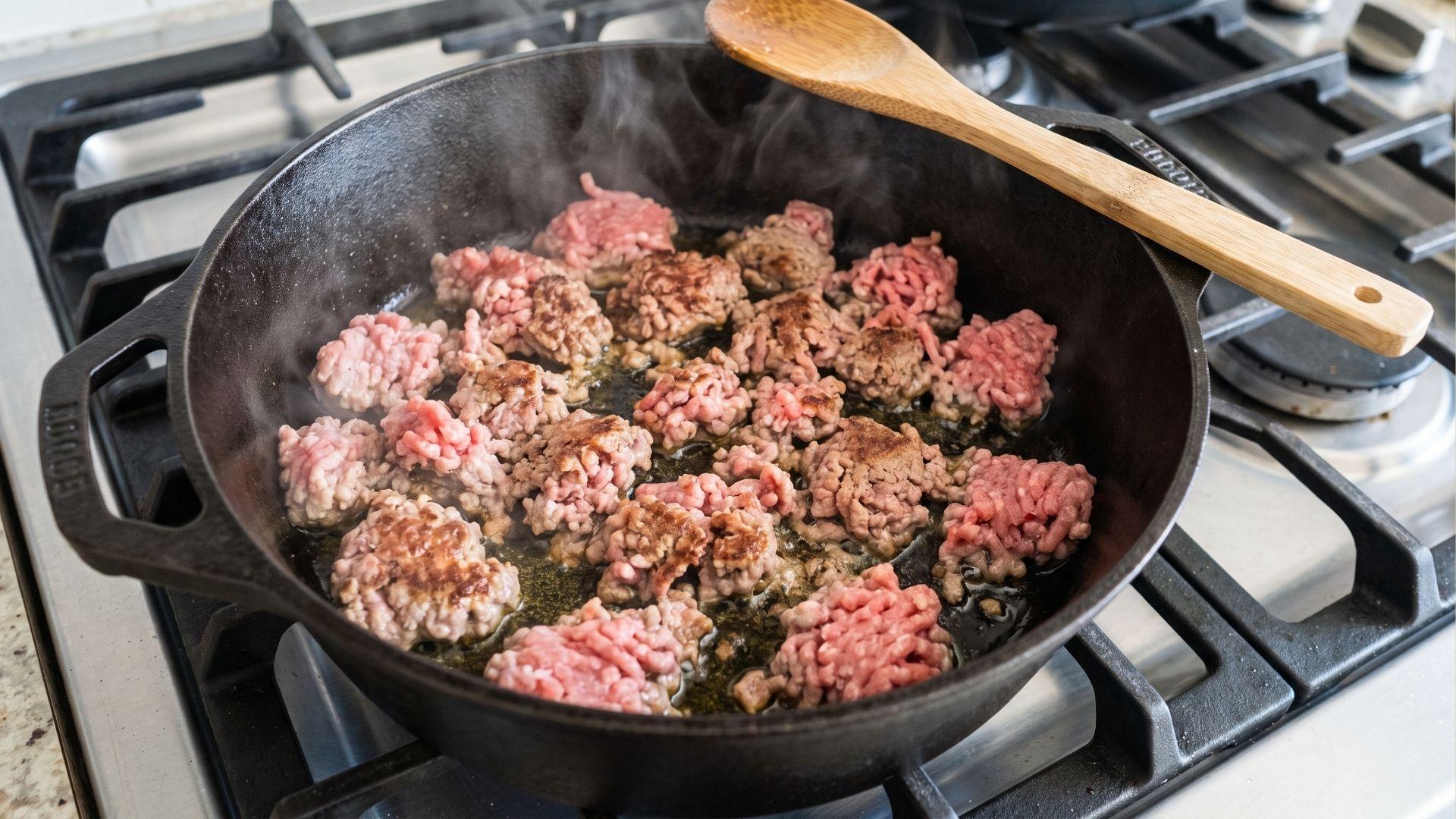 Lean ground meat browning in olive oil in a Dutch oven