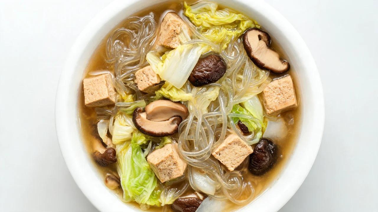 Braised tofu, mushrooms, napa cabbage, and glass noodles