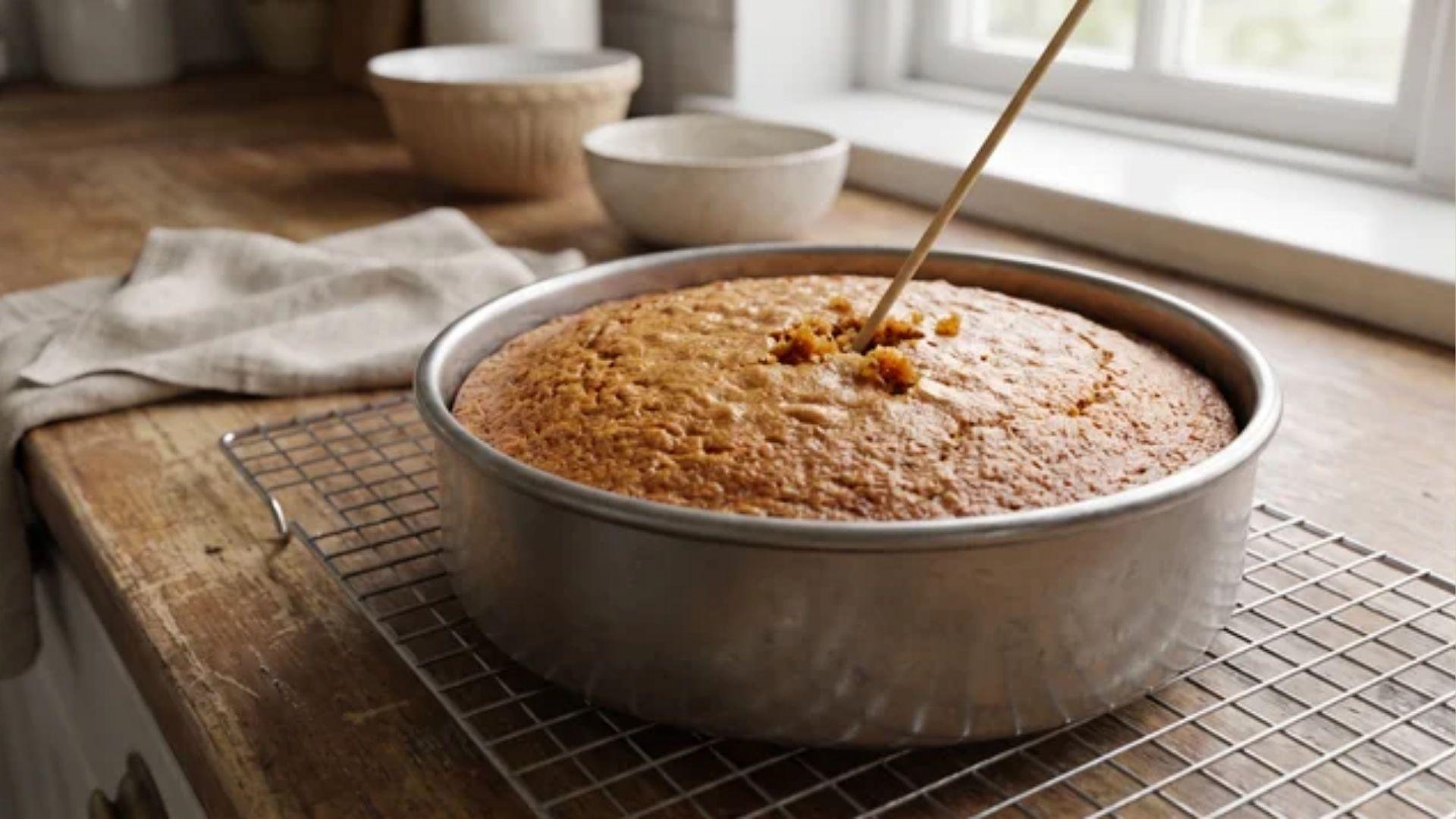 Baked carrot cake cooling on a wire rack after testing for moist crumbs