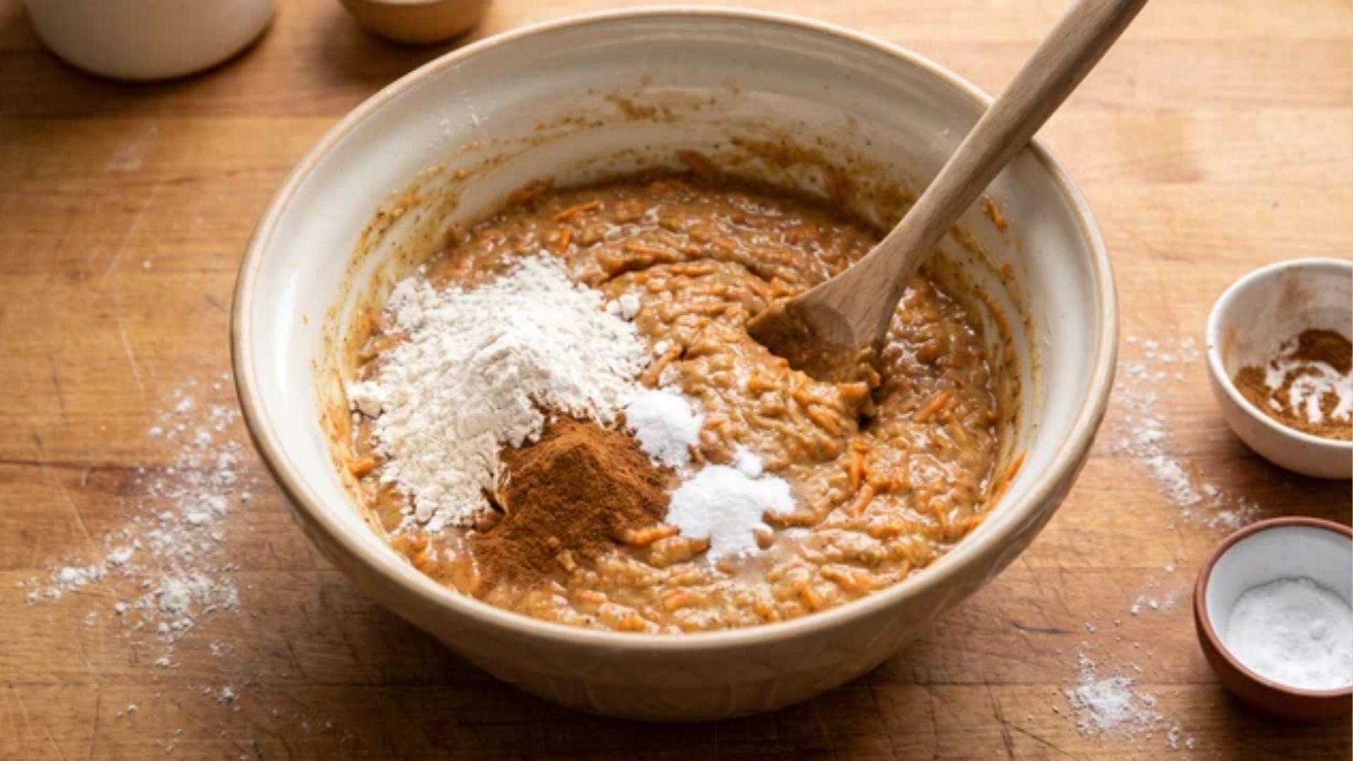 Dry ingredients being mixed into carrot cake batter