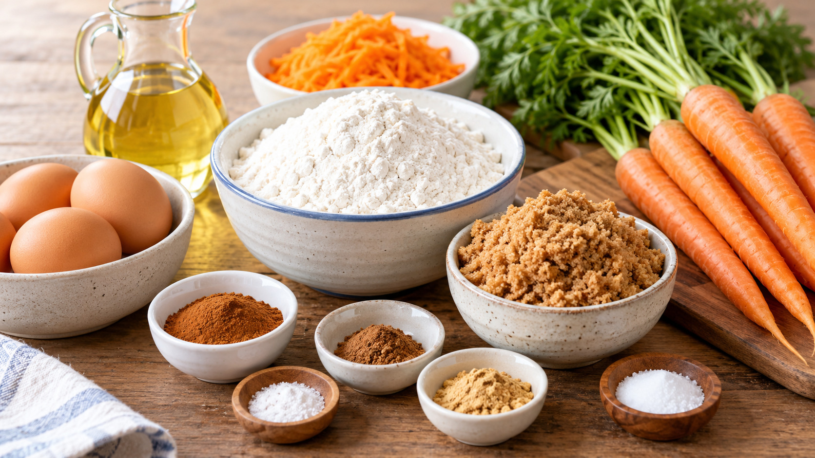 Carrot cake muffin ingredients including flour, spices, brown sugar, eggs, oil, and fresh carrots