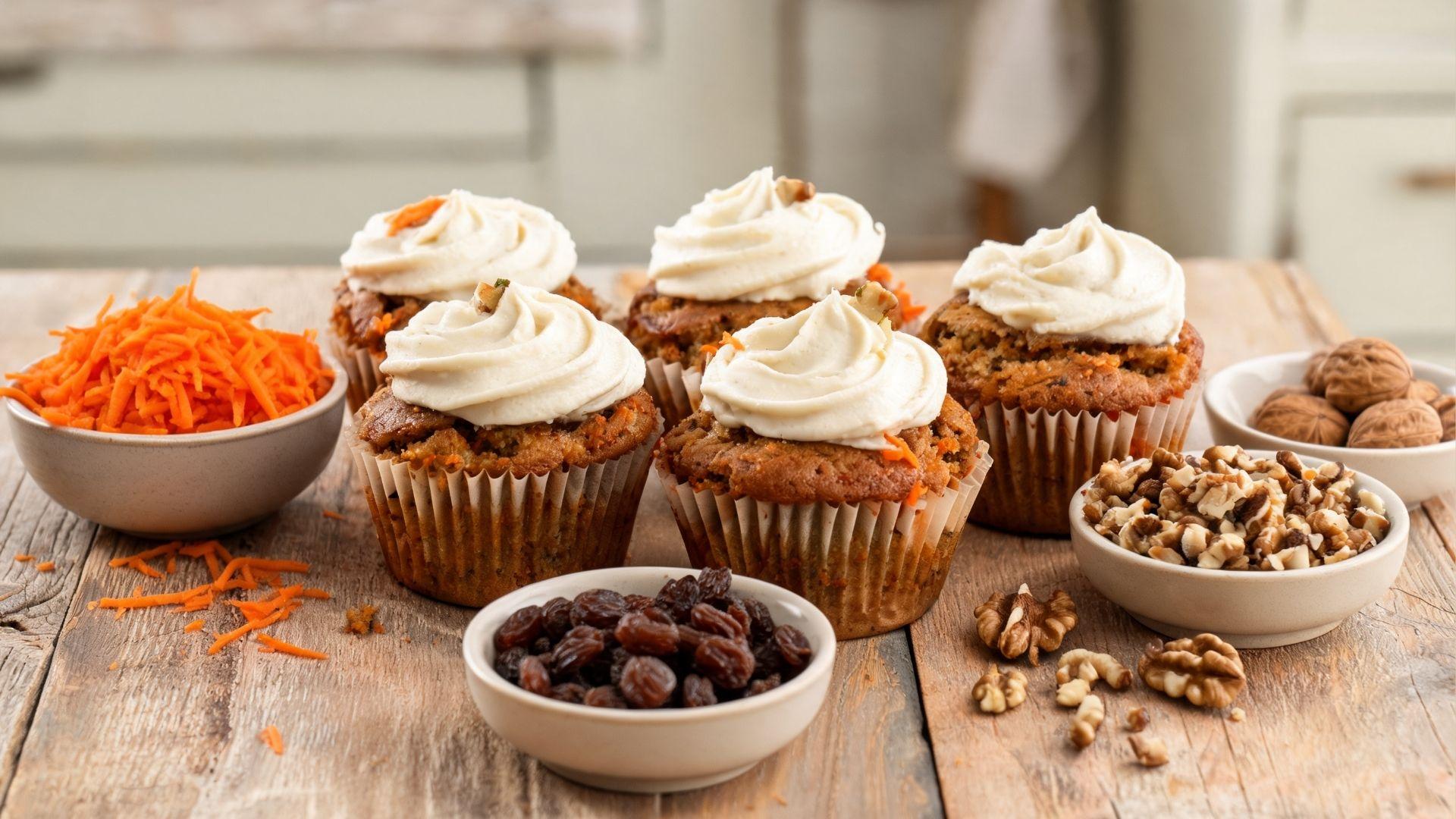 Carrot cake muffins with cream cheese frosting, walnuts, raisins, and grated carrots