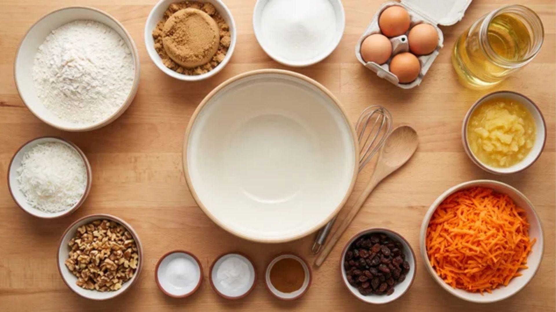 Ingredients for carrot cake with raisins, pineapple, carrots, and walnuts
