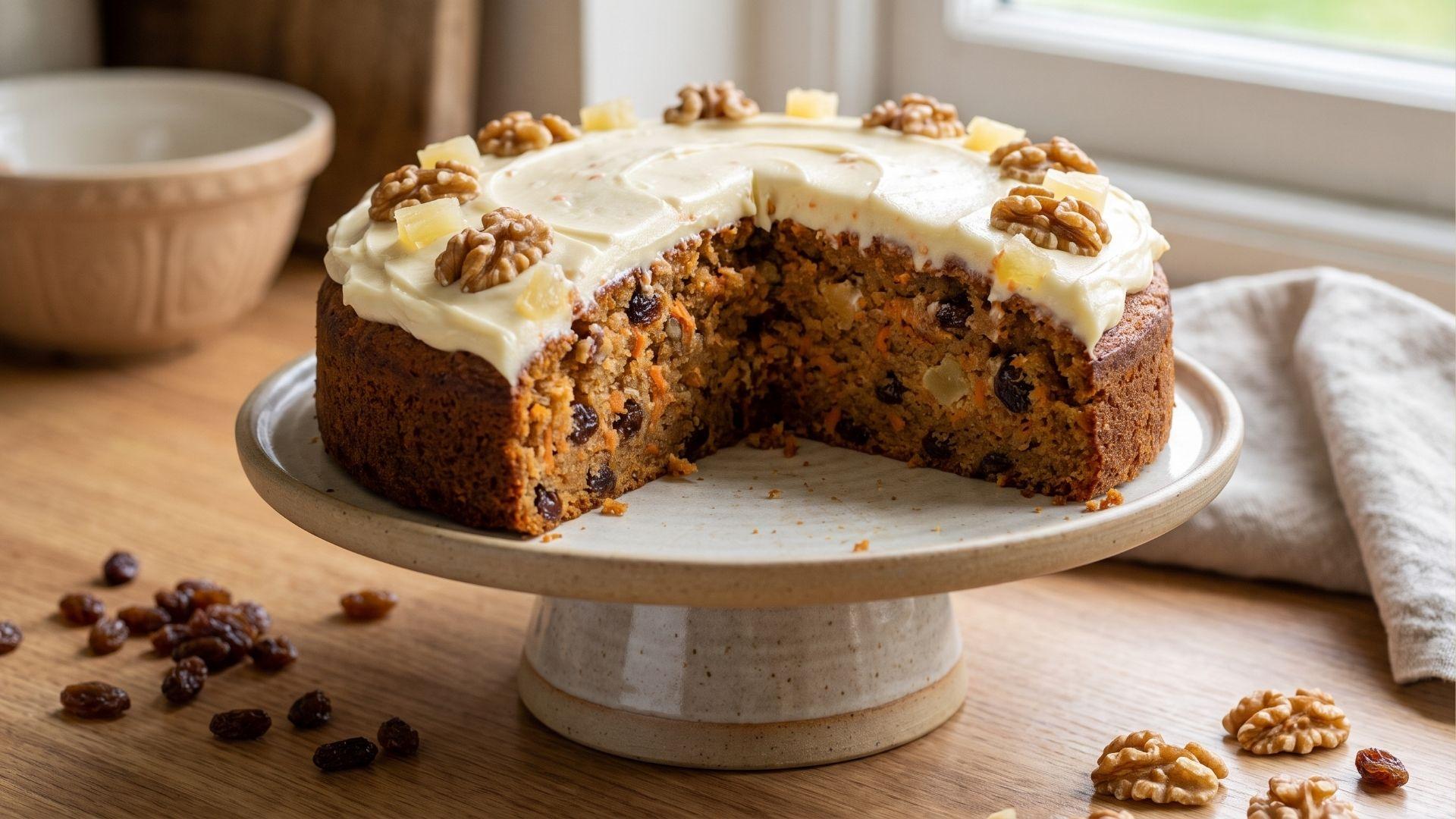 Moist carrot cake with raisins, pineapple, walnuts, and cream cheese frosting