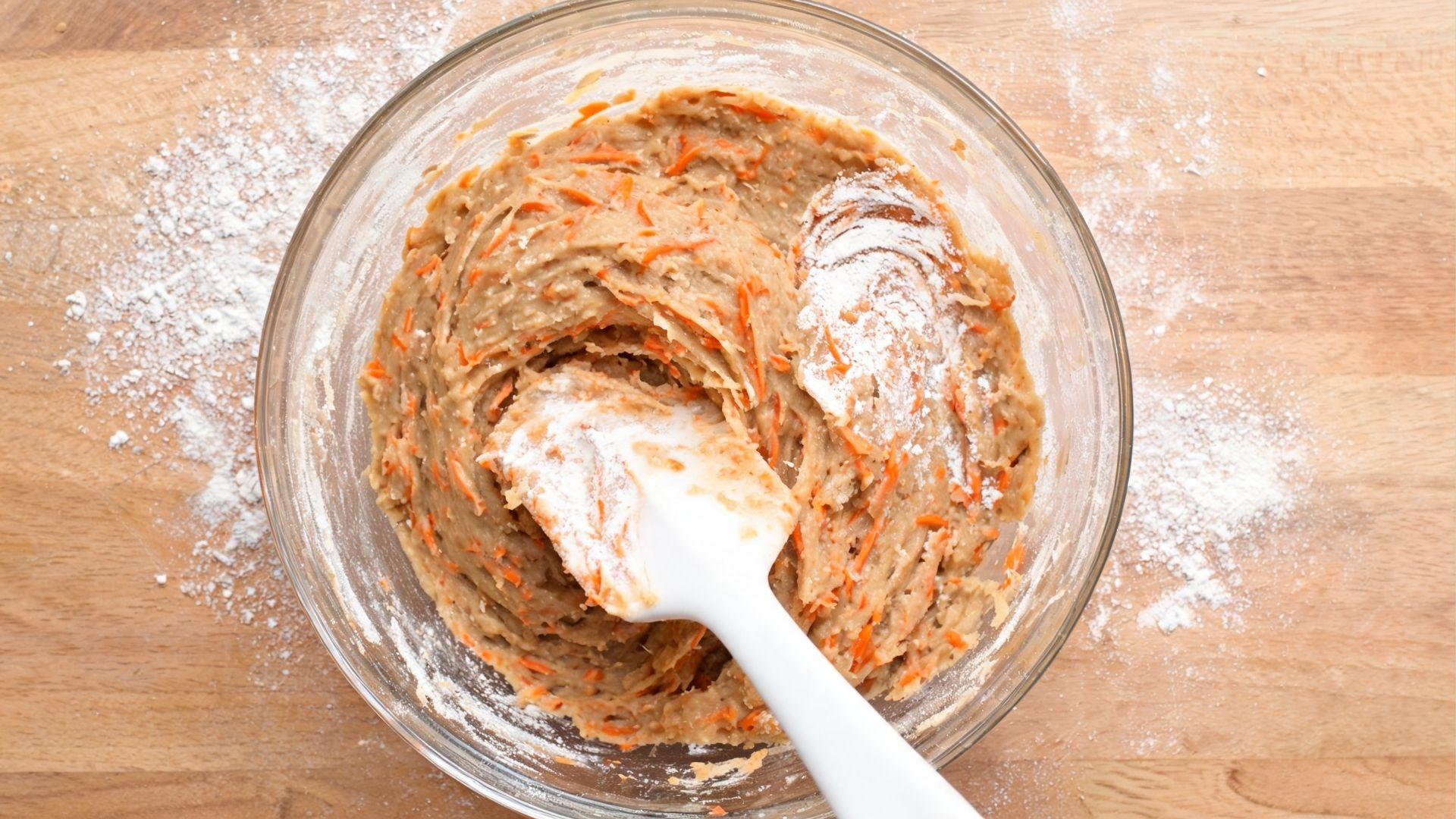 Rough carrot muffin batter being folded with a spatula in a bowl