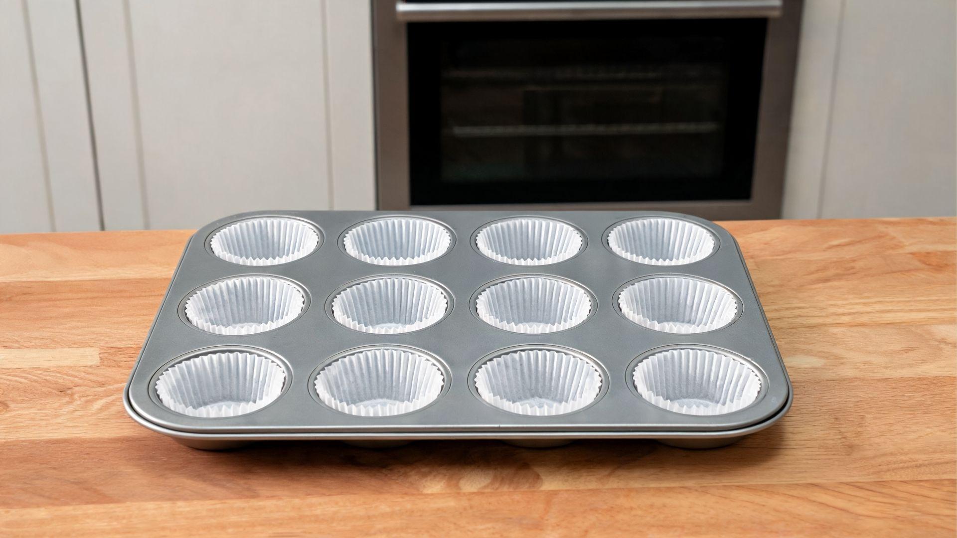 Twelve-cup muffin tin lined with paper liners on a kitchen counter