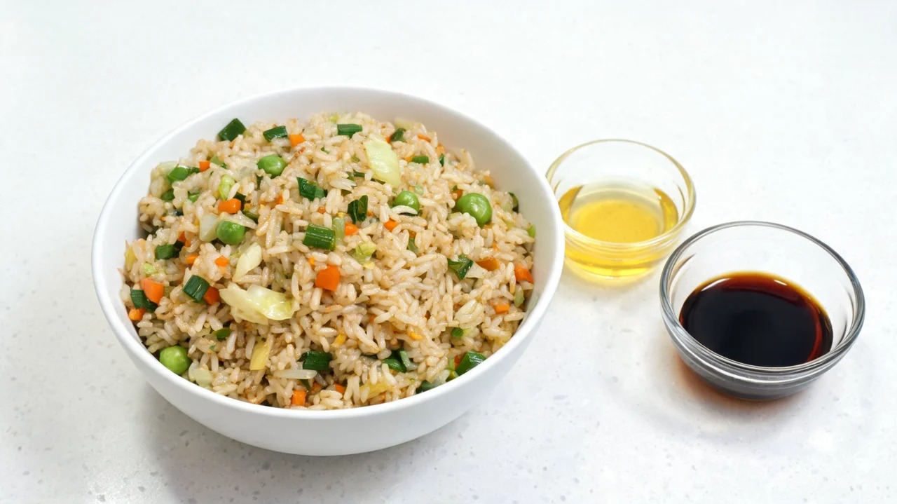 Fried rice beside cooking oil and soy sauce
