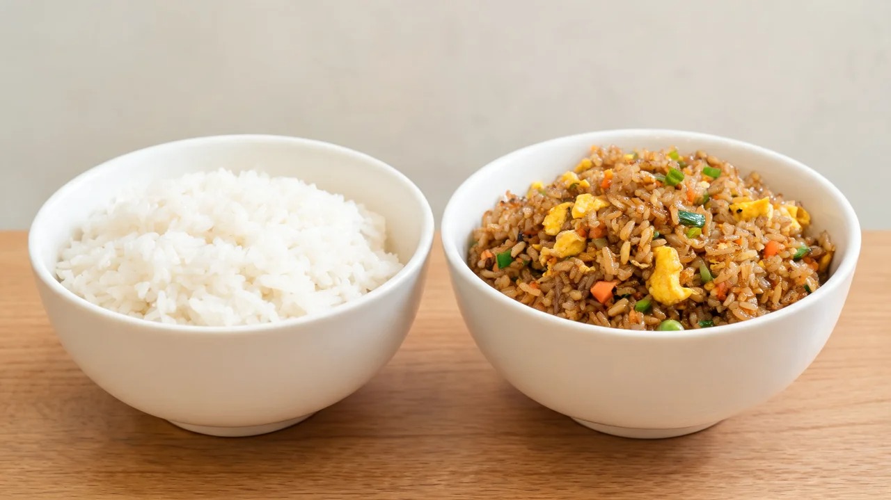 Bowls of plain steamed rice and restaurant-style fried rice