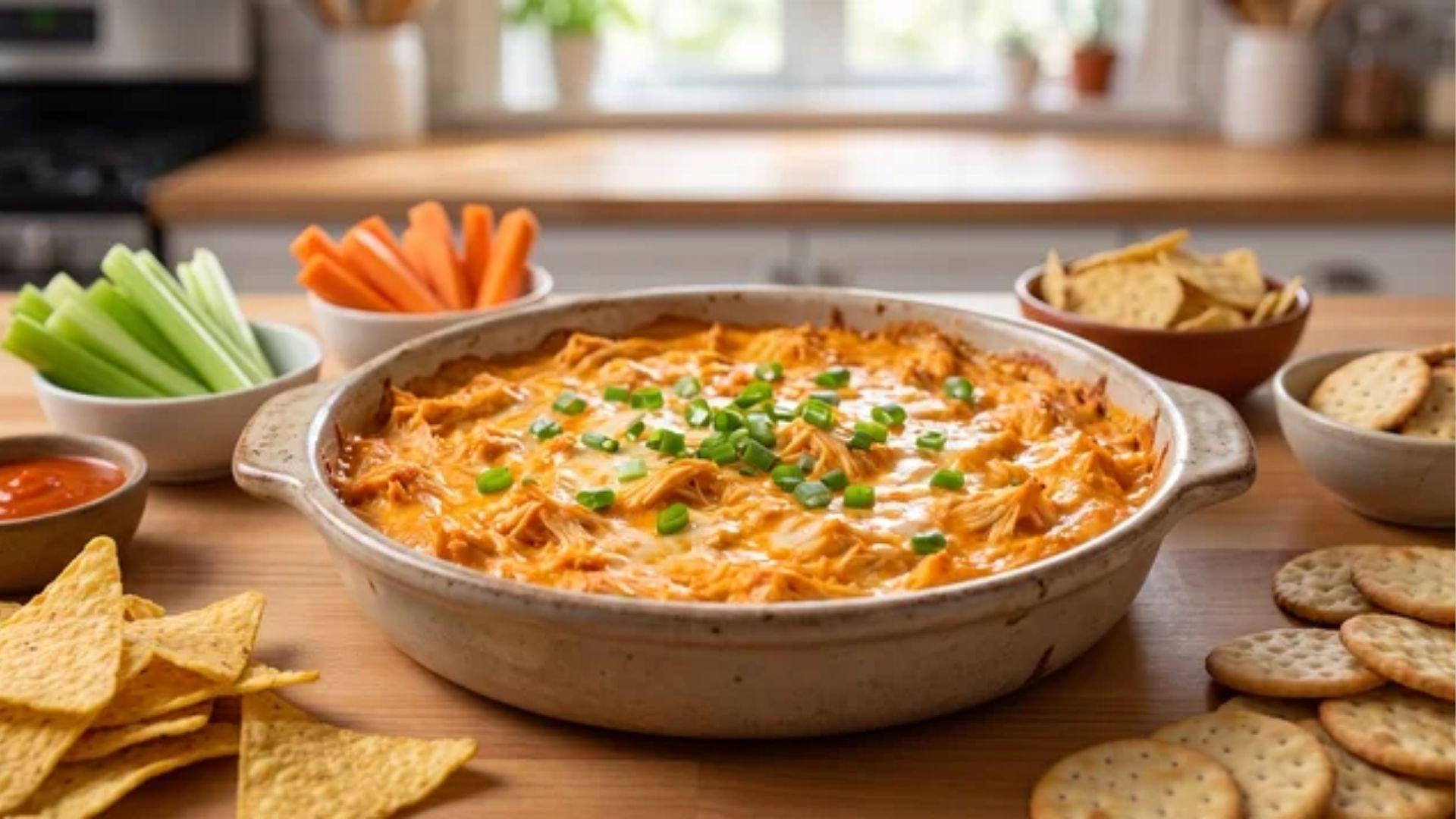 Dairy-free buffalo chicken dip in a baking dish with celery, carrots, tortilla chips, and crackers