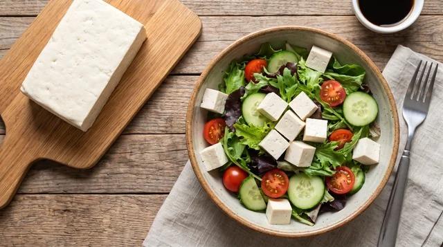 Tofu cubes in a salad beside a whole tofu block