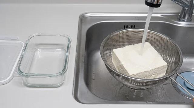 Tofu block being rinsed under cool water beside a clean storage container
