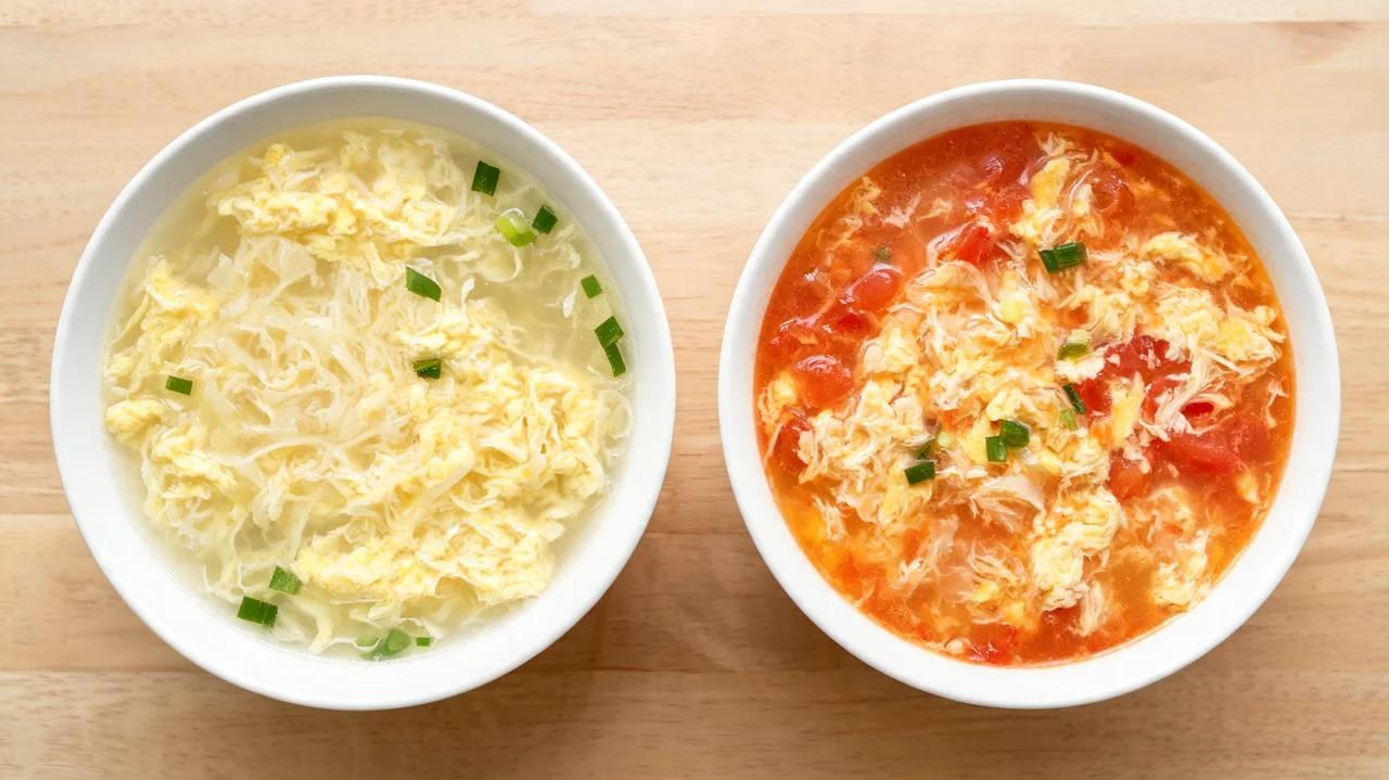 Egg drop soup and tomato egg drop soup with silky egg ribbons