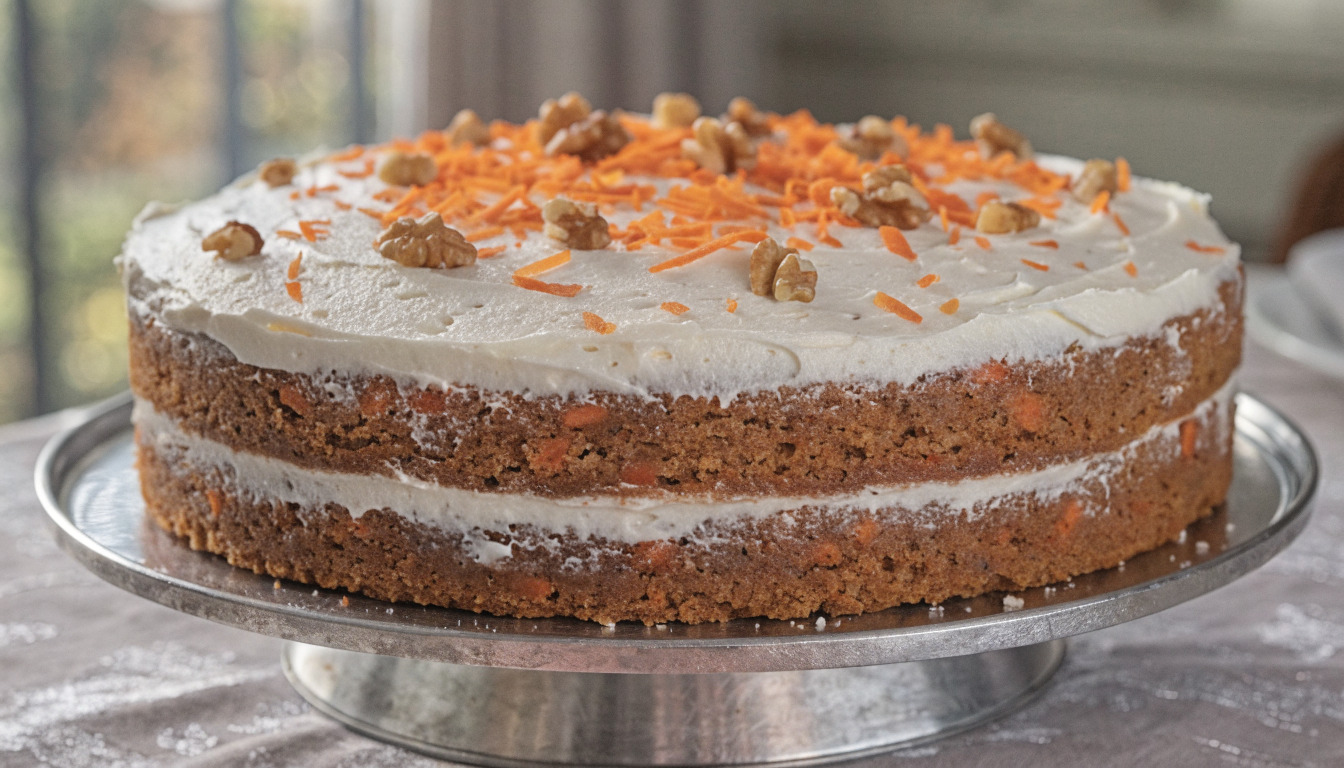 Eggless carrot cake with cream cheese frosting, grated carrots, and chopped walnuts