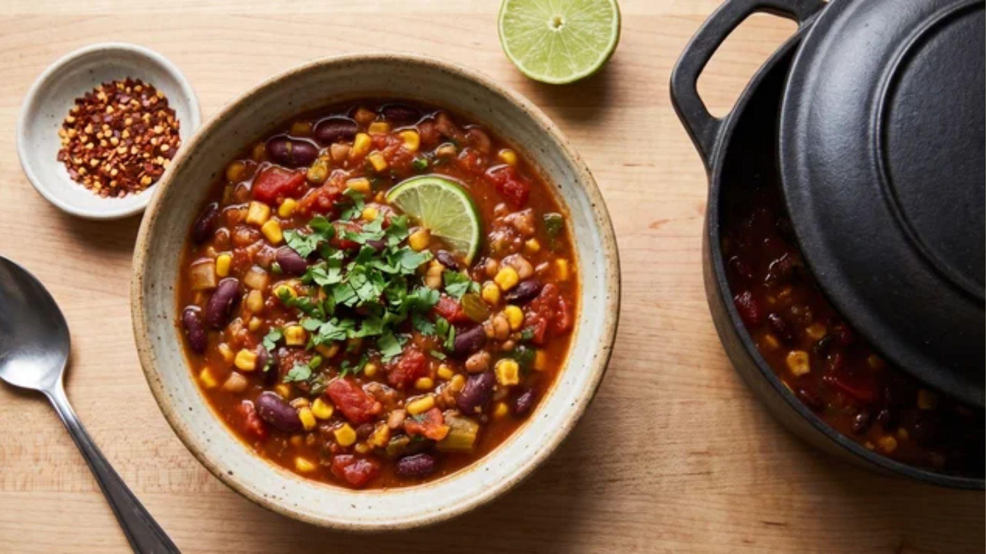 Finished healthy chili with lime and seasonings nearby