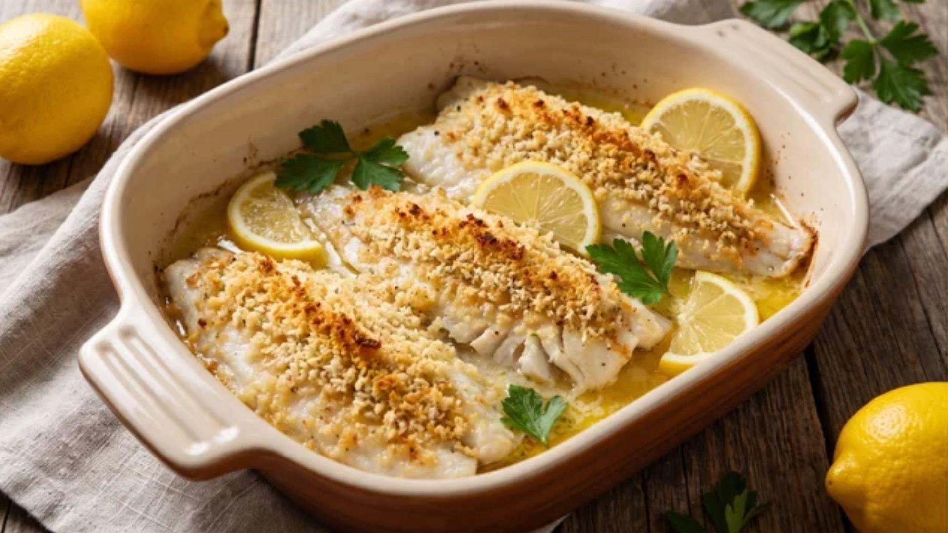 Flounder baked recipe with lemon butter, golden breadcrumbs, fresh parsley, and lemon wedges on a sheet pan