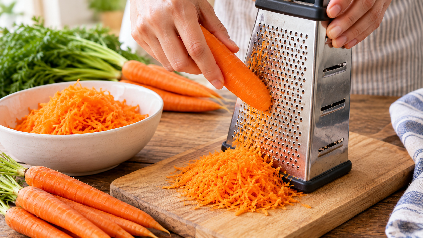 Carrots being grated on the fine side of a box grater for carrot cake muffins