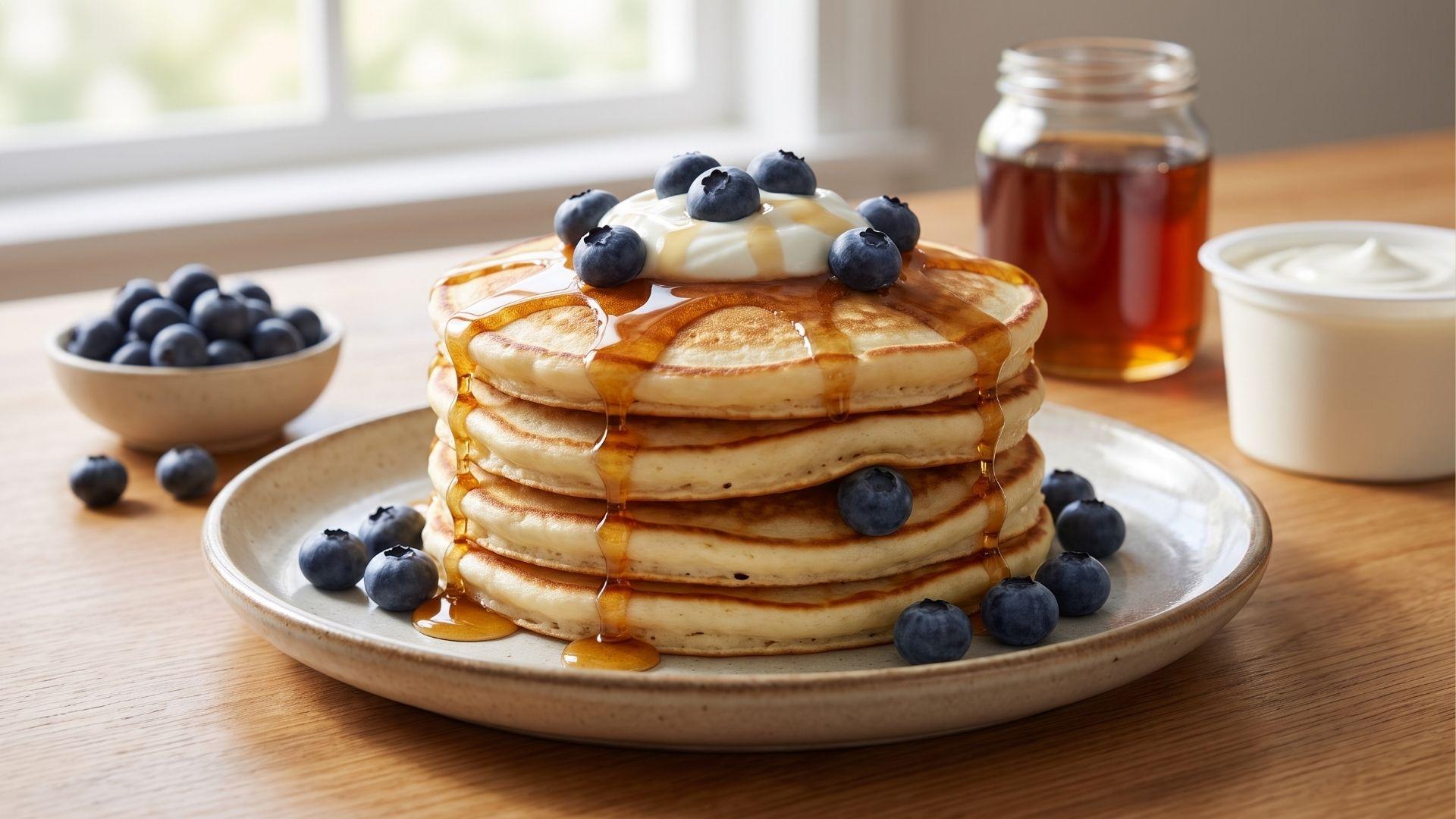 Stack of Greek yogurt pancakes with blueberries and maple syrup